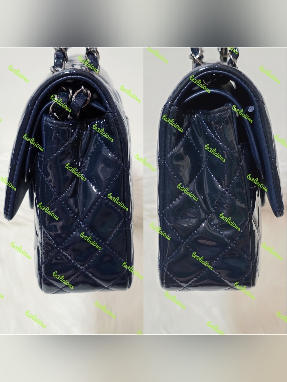 CHANEL 14b QUILTED PATENT LEATHER NAVY MEDIUM CLASSIC FLAP BAG *100% AUTHENTIC* - Picture 4 of 16